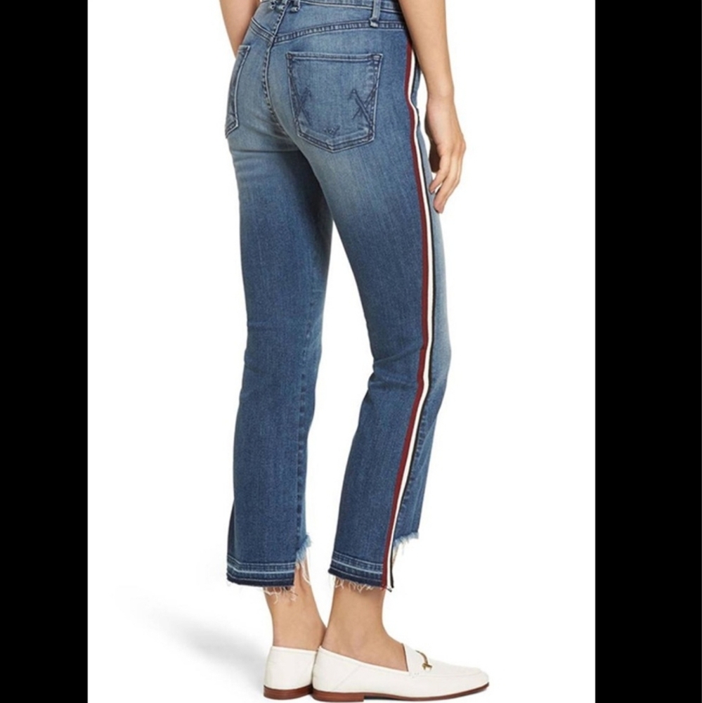 Mcguire Hi-Rise Ibiza Jean Med Wash Cropped Raw Notch Hem Side Tri-Stripe Sz 25